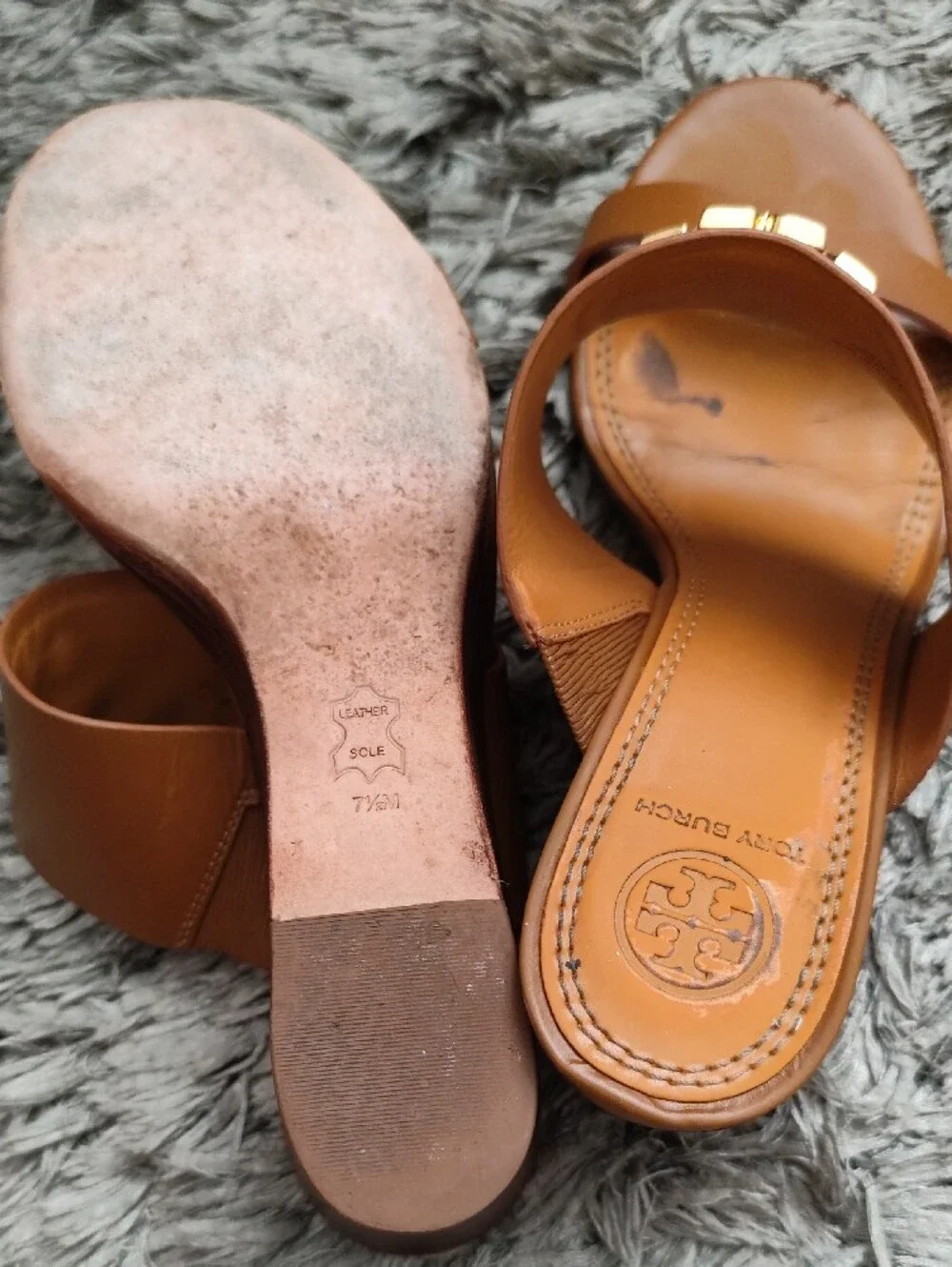 Tory Burch Brown Leather Slide Sandals with Gold Logo
